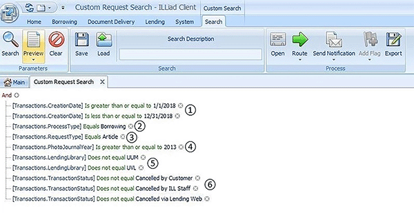 Screen shot showing ILLiad search parameters for the custom report
