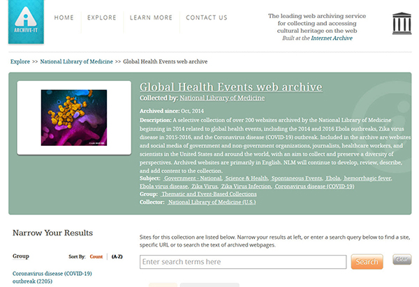 Screen shot of the National Library of Medicine Global Health Events web archive