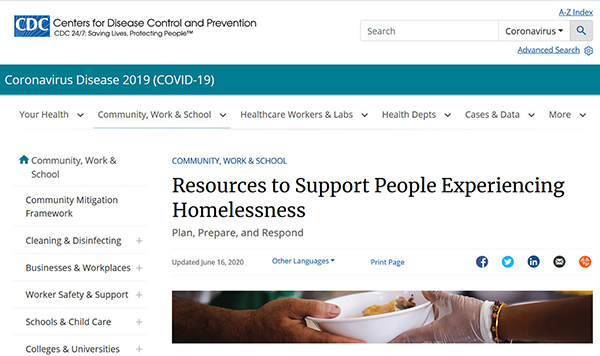 Screen capture of US Centers for Disease Control and Prevention: Resources to Support People Experiencing Homelessness 