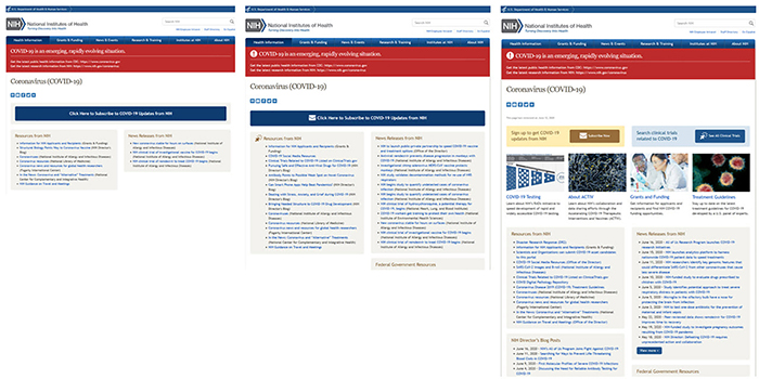 Screen captures of the National Institutes of Health (NIH) Coronavirus (COVID-19) website, March–June 2020