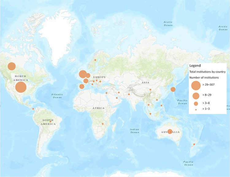 Map showing global distribution of JMLA authorship showing geographic locations of institutions that had at least one JMLA author from 2006–2017