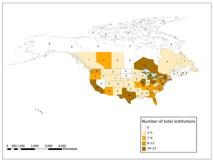 Map showing distribution of the total number of all institution types with at least one JMLA author in the United States and Canada