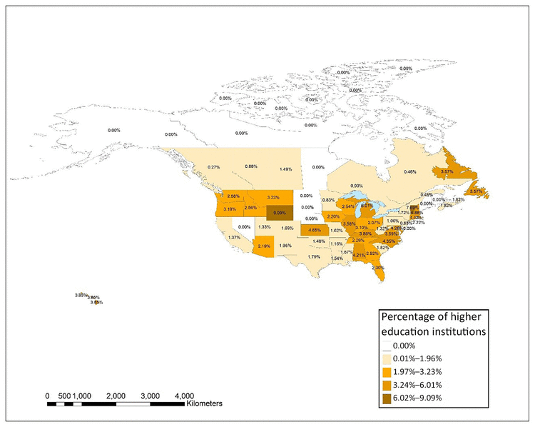 Map showing distribution of higher education institutions in the United States and Canada with at least one JMLA author as a percentage of the total number of higher education institutions in each state or province