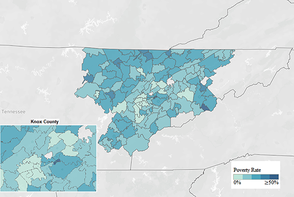 Map of poverty rates by zip code in hospital’s service area